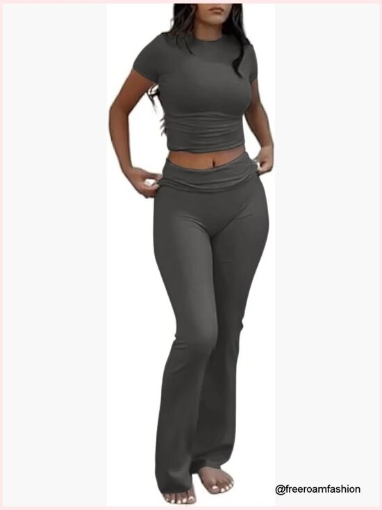 Pants - Two Piece Lounge Set - Crop Top & Flare Pants Travel Outfit